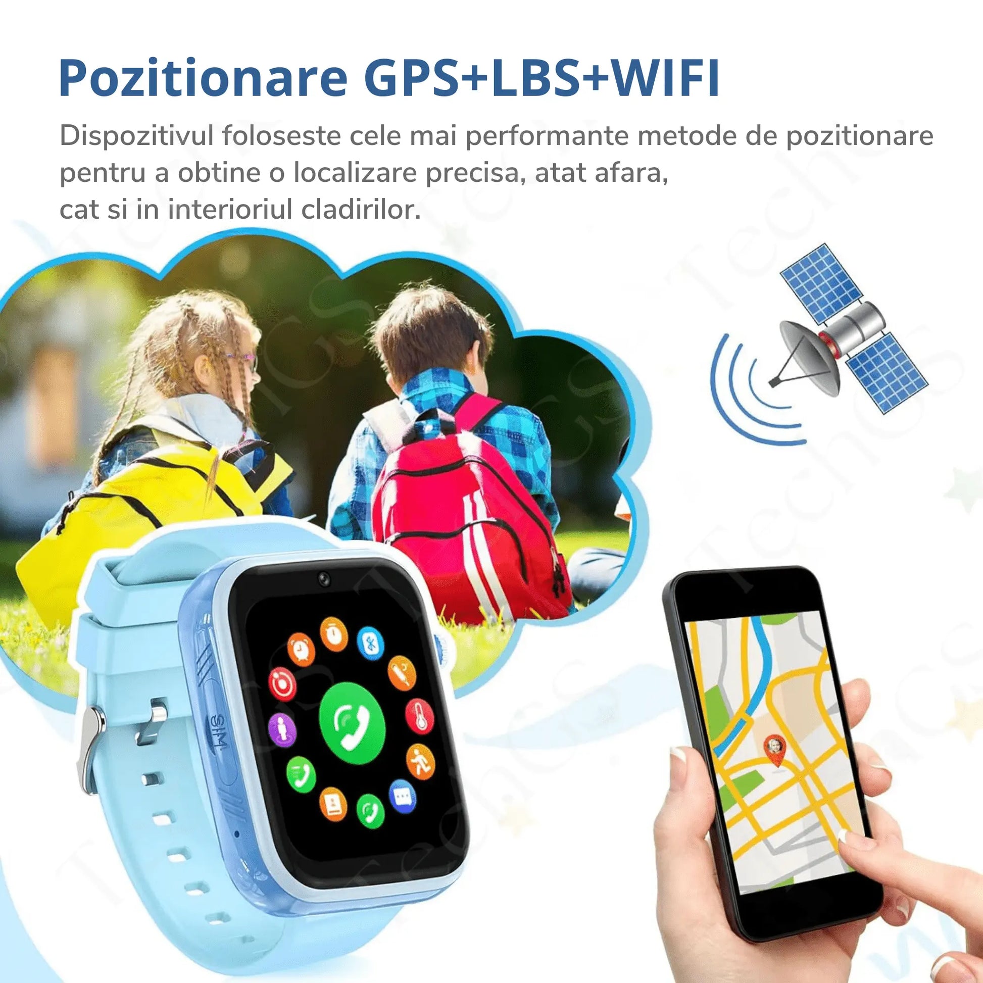 Ceas Smartwatch Copii, KidLife TechGS®, 4G cu GPS, 1.83 inch, Monitorizare Traseu, Buton SOS, Sistem de Operare Android, Camera Foto, 6 - 12 Ani, Player Muzical, Face Unlock, Baterie 700 mAh, Albastru - Cumpara24