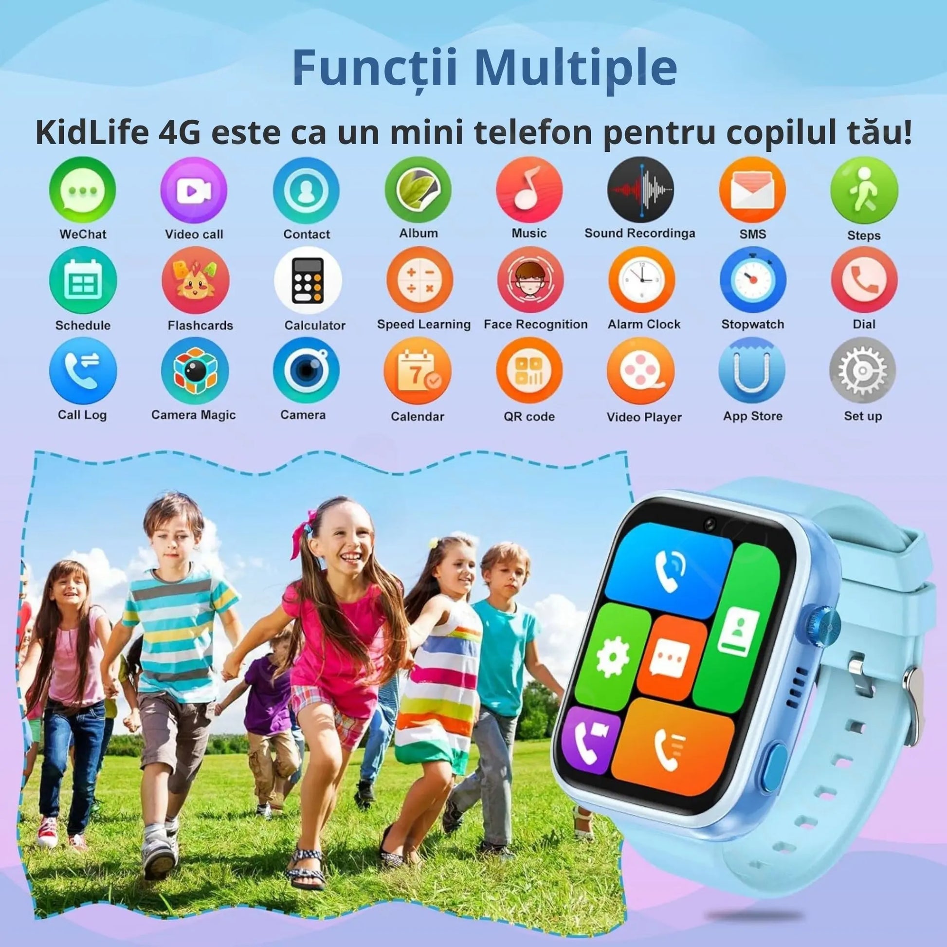 Ceas Smartwatch Copii, KidLife TechGS®, 4G cu GPS, 1.83 inch, Monitorizare Traseu, Buton SOS, Sistem de Operare Android, Camera Foto, 6 - 12 Ani, Player Muzical, Face Unlock, Baterie 700 mAh, Albastru - Cumpara24