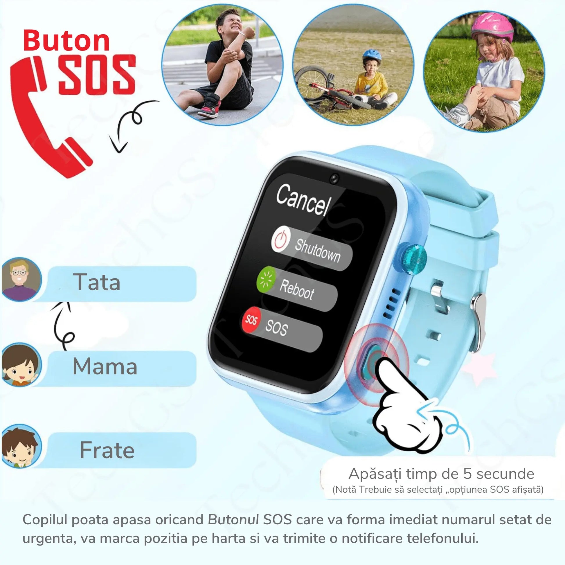 Ceas Smartwatch Copii, KidLife TechGS®, 4G cu GPS, 1.83 inch, Monitorizare Traseu, Buton SOS, Sistem de Operare Android, Camera Foto, 6 - 12 Ani, Player Muzical, Face Unlock, Baterie 700 mAh, Albastru - Cumpara24