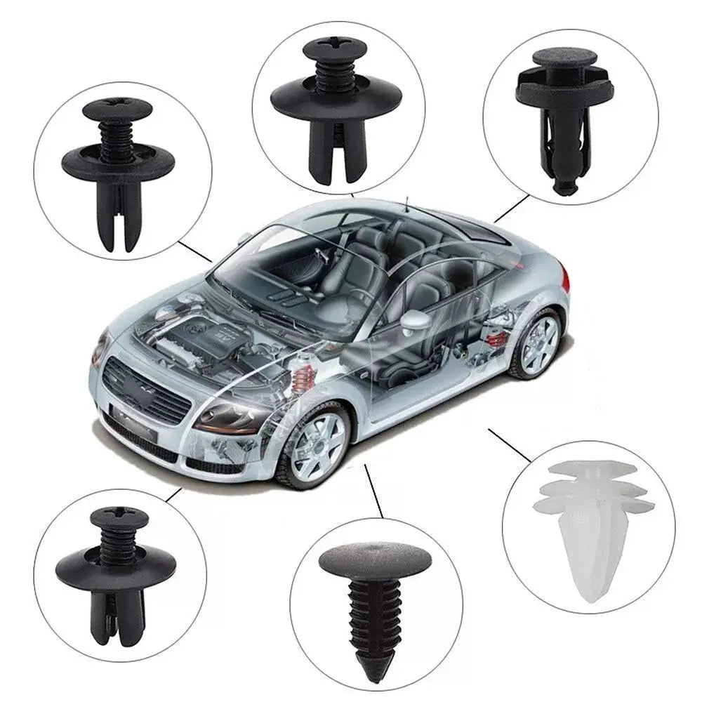 Utilizare clipsuri AUTO pentru tapițerie HE26, 100 buc, ilustrată pe un model de mașină, evidențiind punctele de fixare.