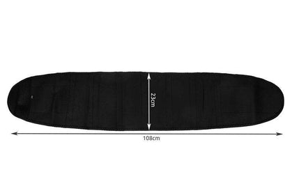 Corset fitness negru, dimensiuni 108x23cm, material elastic si prindere Velcro, ideal pentru sustinerea taliei si imbunatatirea posturii.