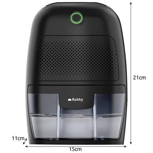 Dimensiuni Dezumidificator Ruhhy Randament 300ml/zi, 21cm înălțime, 15cm lățime, 11cm adâncime, ideal pentru spații mici și medii.