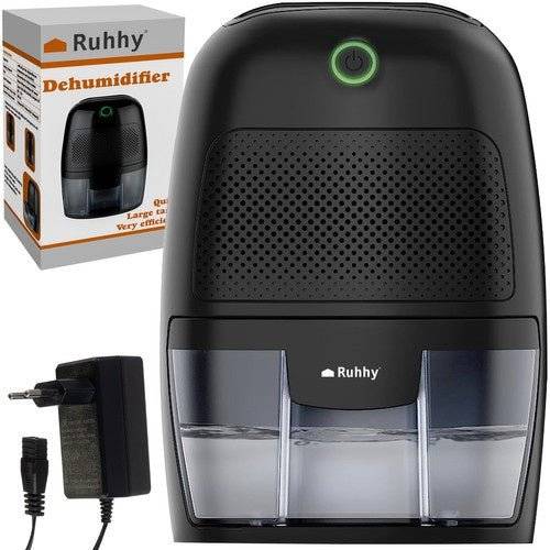 Dezumidificator Ruhhy Randament 300ml/zi, Capacitate 600ml Rezervor, Negru, compact și eficient, ideal pentru reducerea umidității în locuință.