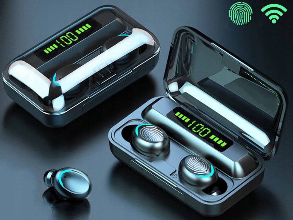 Casti Wireless Bluetooth F9 TWS cu Powerbank, design modern cu afisaj LED si control tactil, ideale pentru muzica si apeluri.