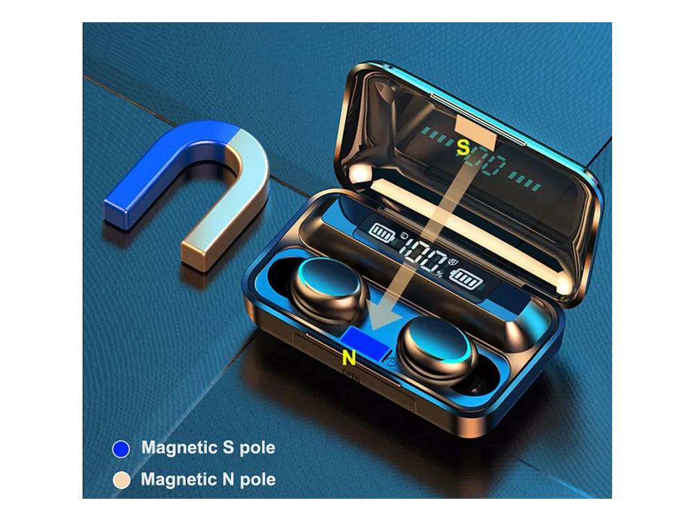 Casti Wireless Bluetooth F9 TWS cu incarcare magnetica, asigurand fixare sigura si incarcare eficienta.