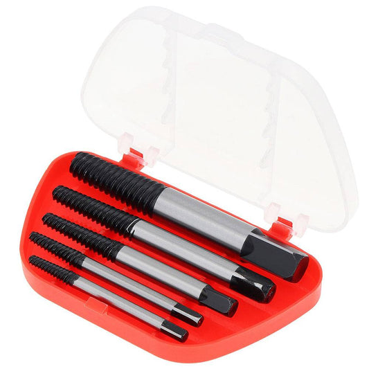 Set 5 extractoare pentru suruburi defecte, organizate într-o cutie roșie cu capac transparent, ideal pentru îndepărtarea șuruburilor rupte.