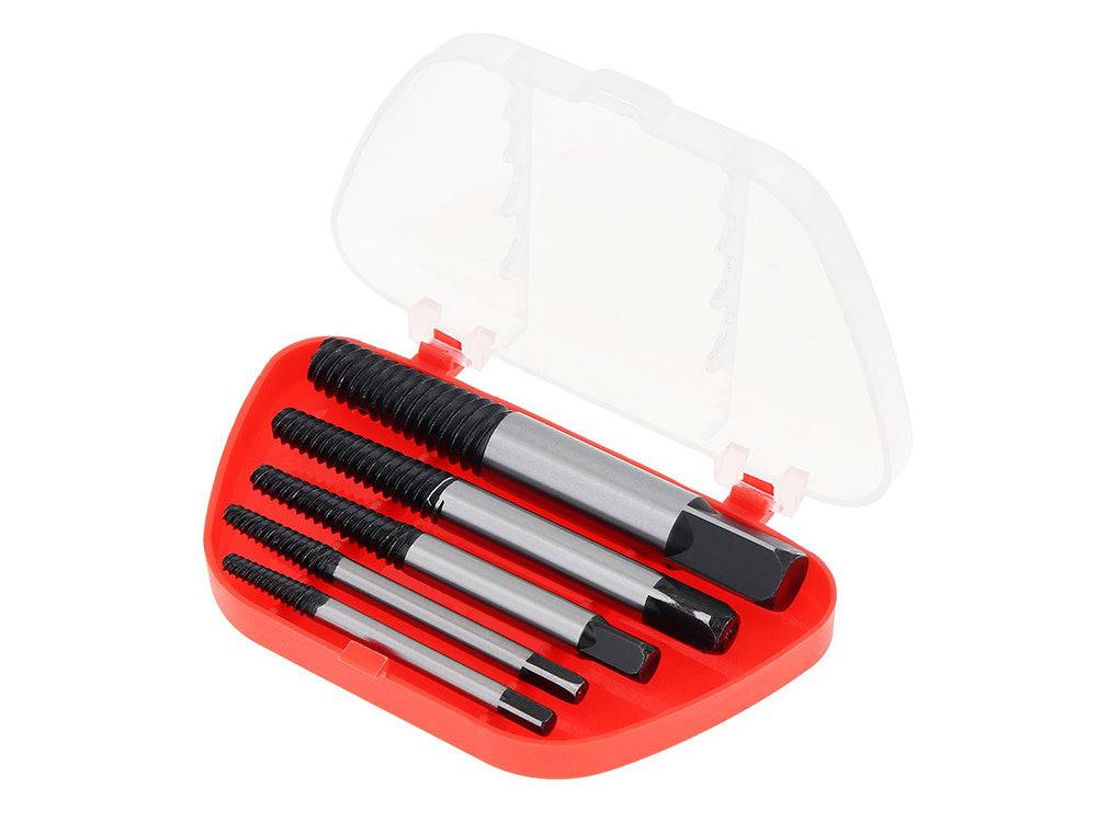 Set profesional de 5 extractoare pentru suruburi defecte, livrat într-o cutie roșie cu capac transparent pentru protecție.