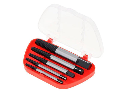 Set profesional de 5 extractoare pentru suruburi defecte, livrat într-o cutie roșie cu capac transparent pentru protecție.