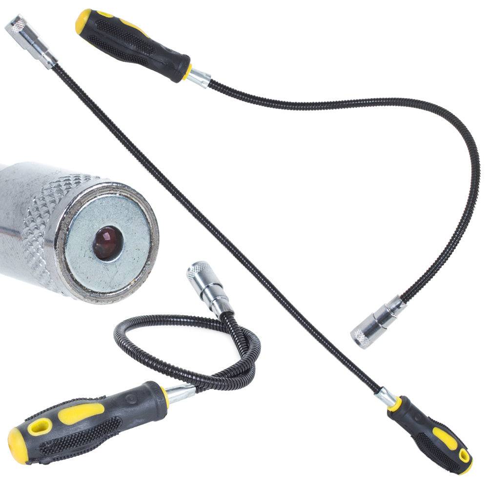 Dispozitiv LED cu magnet și braț flexibil pentru prindere auto, ideal pentru recuperarea obiectelor metalice din locuri greu accesibile.
