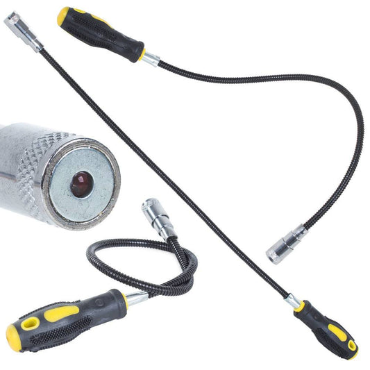 Dispozitiv LED cu magnet și braț flexibil pentru prindere auto, ideal pentru recuperarea obiectelor metalice din locuri greu accesibile.