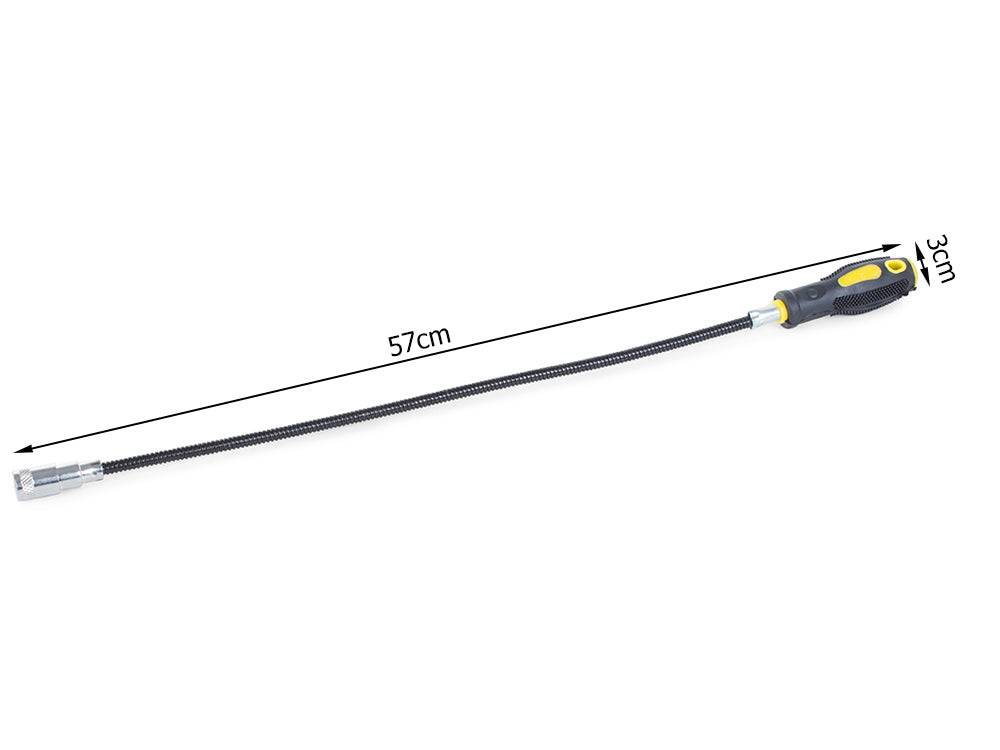 Dimensiunile dispozitivului LED cu magnet și braț flexibil: 57 cm lungime totală, 3 cm mâner ergonomic.