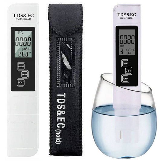Tester TDS EC digital pentru măsurarea durității apei, osmozei inverse și temperaturii, cu husă de protecție.