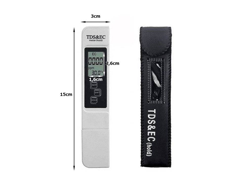 Tester TDS EC compact, cu dimensiuni precise și husă de protecție pentru transport sigur.