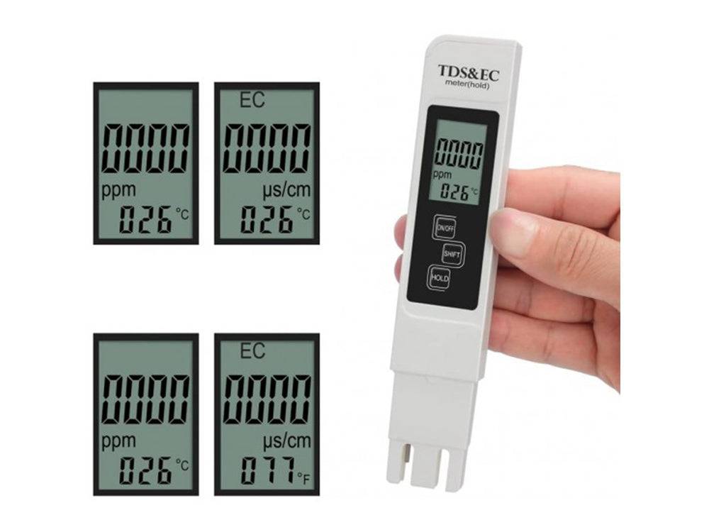 Aparat digital TDS EC cu afișaj LCD, măsurând duritatea apei și temperatura în timp real.
