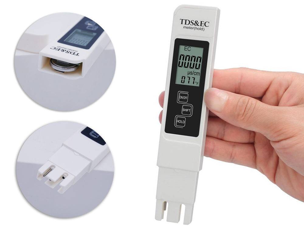 Tester digital TDS EC cu compartiment pentru baterie, ușor de utilizat și transportat.