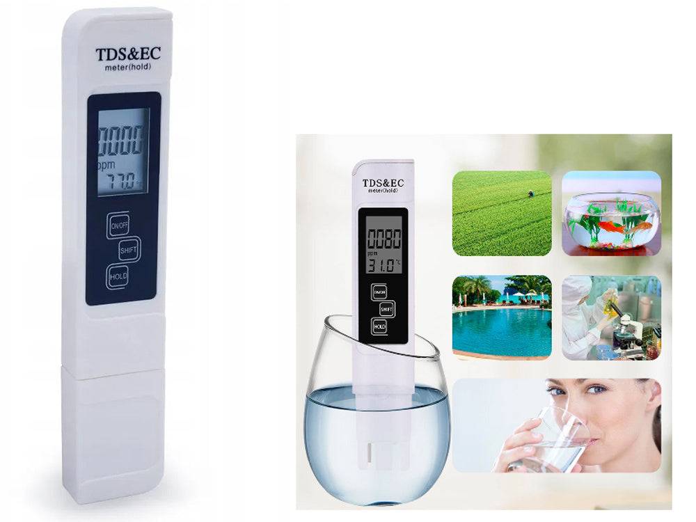 Tester TDS EC pentru analiza calității apei, utilizat pentru acvarii, piscine și consum casnic.