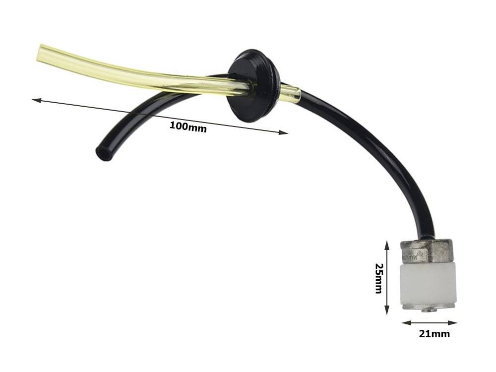 Dimensiuni furtun de combustibil pentru masini de tuns gazon si motocoase. Lungime de 100 mm si filtru de 17 mm pentru alimentare sigura.