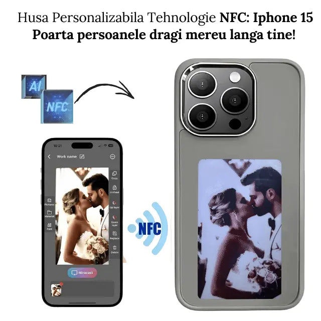 Husa iPhone 15, TechGS®️, Personalizabila prin Tehnologia NFC, Afișaj E - Paper in 3 Culori, Cerneala Inteligentă, Cutie Reciclabila - Cumpara24
