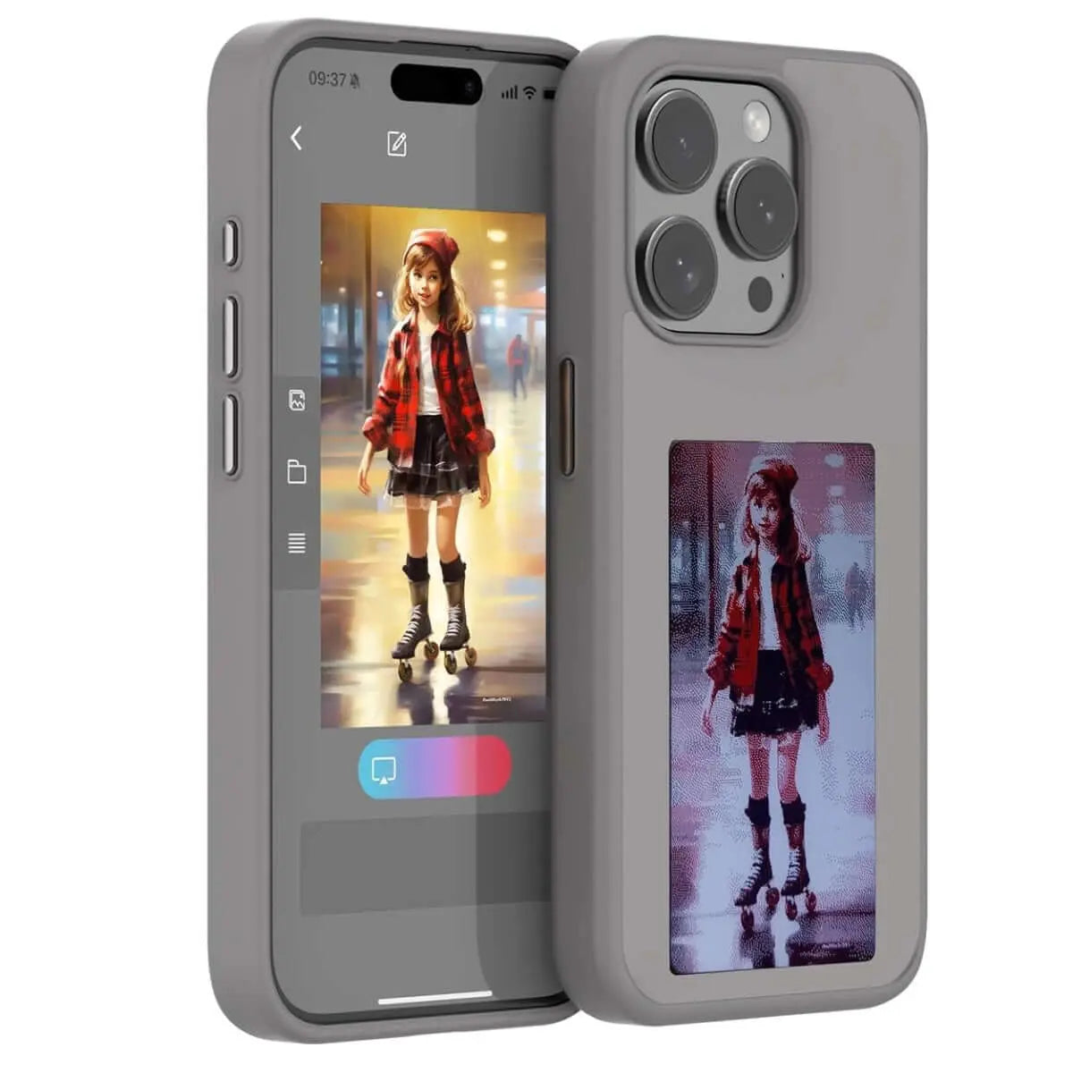 Husa iPhone 15, TechGS®️, Personalizabila prin Tehnologia NFC, Afișaj E - Paper in 3 Culori, Cerneala Inteligentă, Cutie Reciclabila - Cumpara24