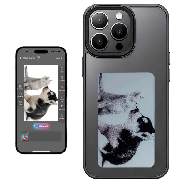 Husa iPhone 15, TechGS®️, Personalizabila prin Tehnologia NFC, Afișaj E - Paper in 3 Culori, Cerneala Inteligentă, Cutie Reciclabila - Cumpara24