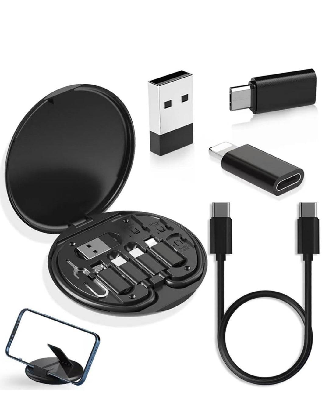 Kit Adaptoare Cabluri USB la USB-C, Universal, cu multiple conectori și accesorii într-o carcasă compactă. Ideal pentru transfer de date și încărcare.