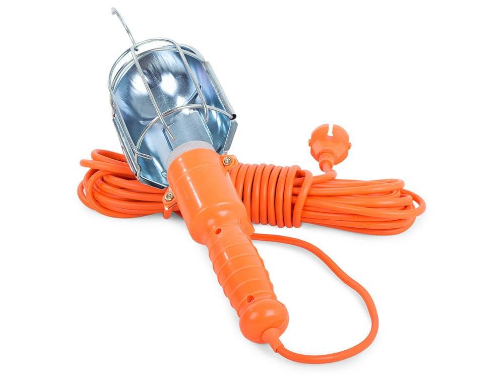 Lampa portabilă cu cablu lung de 10 m și protecție metalică, ideală pentru iluminarea zonelor de lucru, ateliere și garaje.
