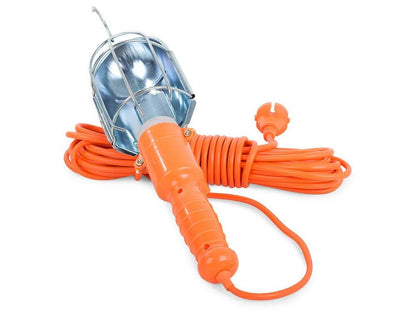 Lampa portabilă cu cablu lung de 10 m și protecție metalică, ideală pentru iluminarea zonelor de lucru, ateliere și garaje.