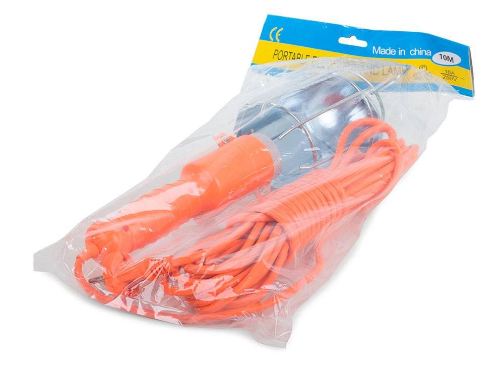 Lampa portabilă de 60 W ambalată în plastic transparent, protejată pentru transport și depozitare, ideală pentru utilizare în ateliere și garaje.