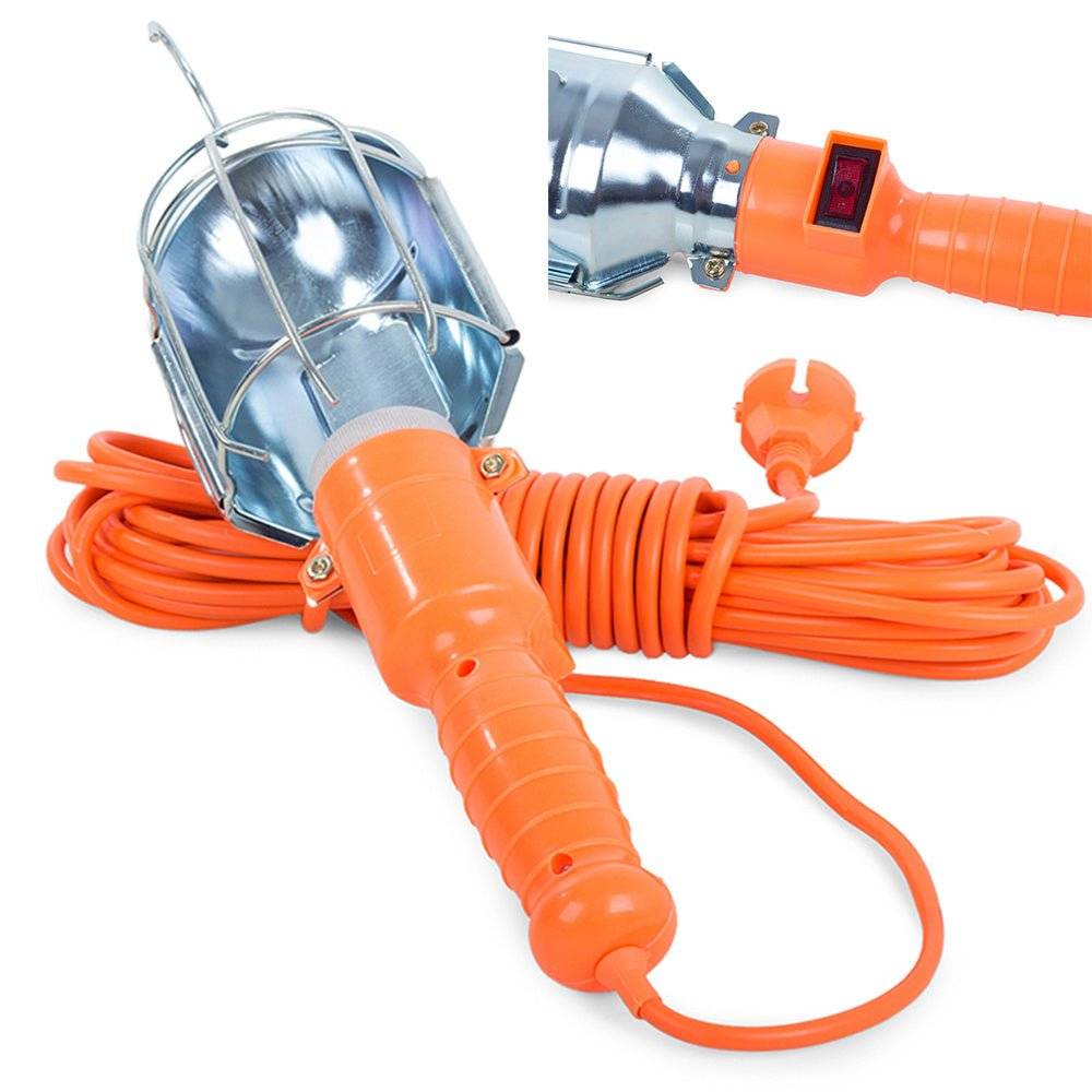Lampa portabilă cu cablu de 10 m, dulie E27 și putere de 60 W, echipată cu cârlig de agățare și mâner portocaliu ergonomic, ideală pentru iluminat de lucru.