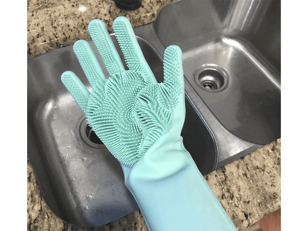 Mănuși de bucătărie din silicon cu scrubber, rezistente și flexibile, perfecte pentru curățarea chiuvetei și a vaselor. Cumpără acum pe Cumpara24!