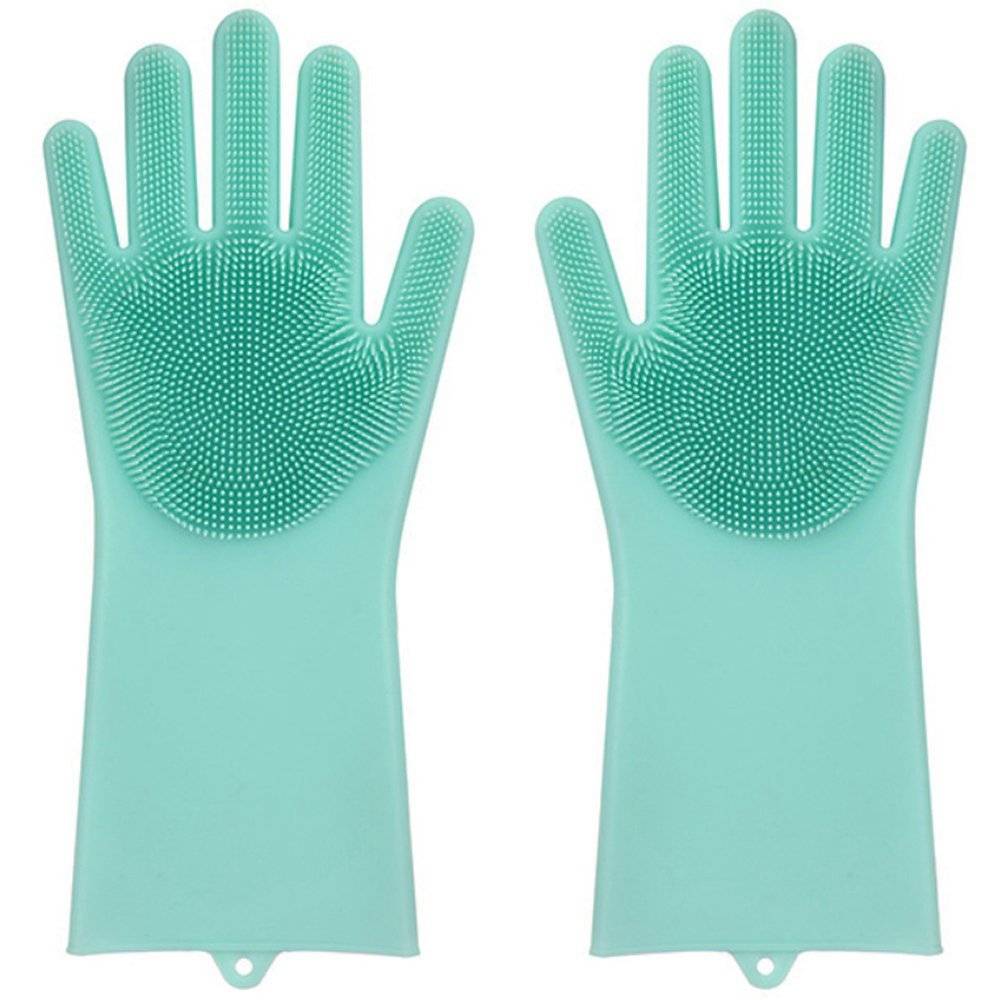 Mănuși de spălat vase din silicon cu scrubber, reutilizabile și flexibile, ideale pentru curățarea bucătăriei. Disponibile pe Cumpara24 la RON29.89.