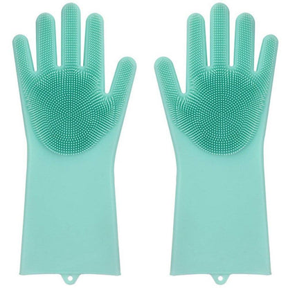 Mănuși de spălat vase din silicon cu scrubber, reutilizabile și flexibile, ideale pentru curățarea bucătăriei. Disponibile pe Cumpara24 la RON29.89.
