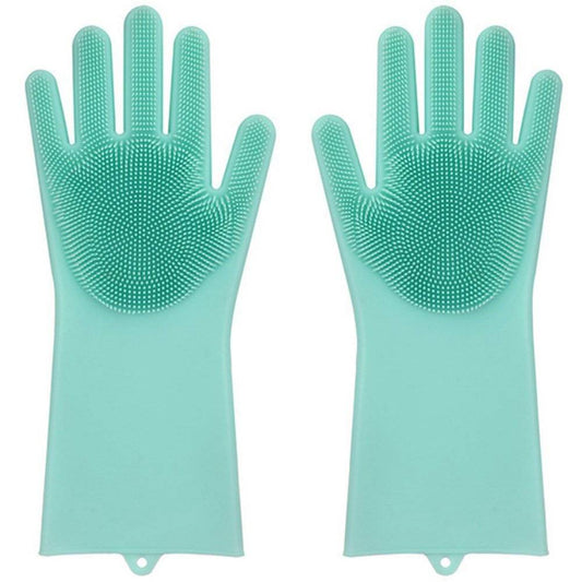 Mănuși de spălat vase din silicon cu scrubber, reutilizabile și flexibile, ideale pentru curățarea bucătăriei. Disponibile pe Cumpara24 la RON29.89.