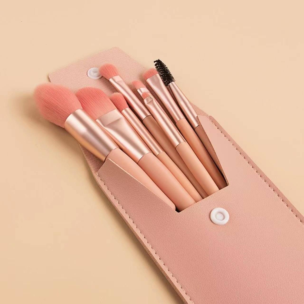 Mini Set Portabil 8 Pensule de Machiaj cu Husa Roz - Cumpara24