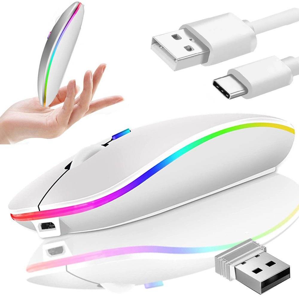 Mouse Wireless Fara Fir Ultra Slim, Bluetooth, USB, Reincarcabil si Fara Zgomot BT5.2 + 2.4Ghz, 1600DPI, LED RGB, Alb - Cumpara24
