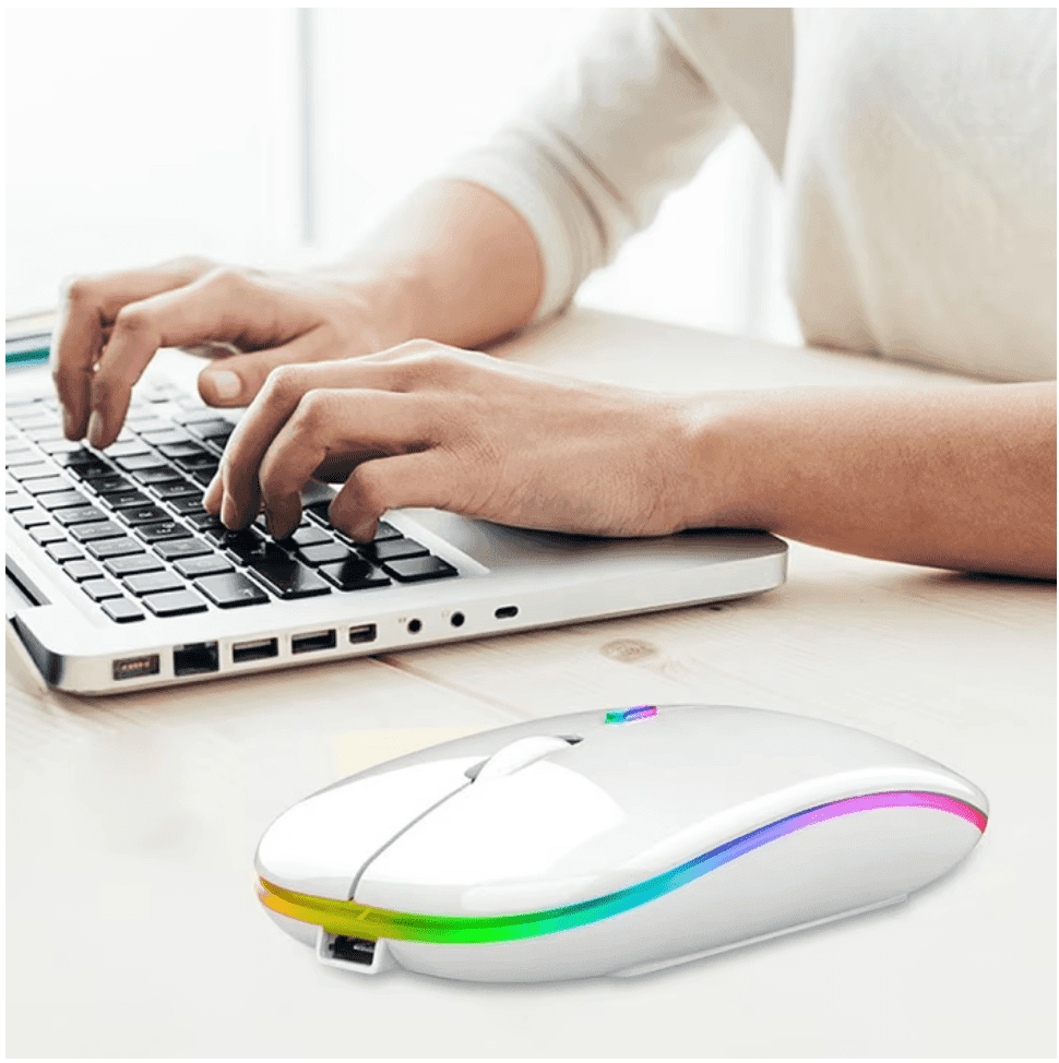 Mouse Wireless Fara Fir Ultra Slim, Bluetooth, USB, Reincarcabil si Fara Zgomot BT5.2 + 2.4Ghz, 1600DPI, LED RGB, Alb - Cumpara24