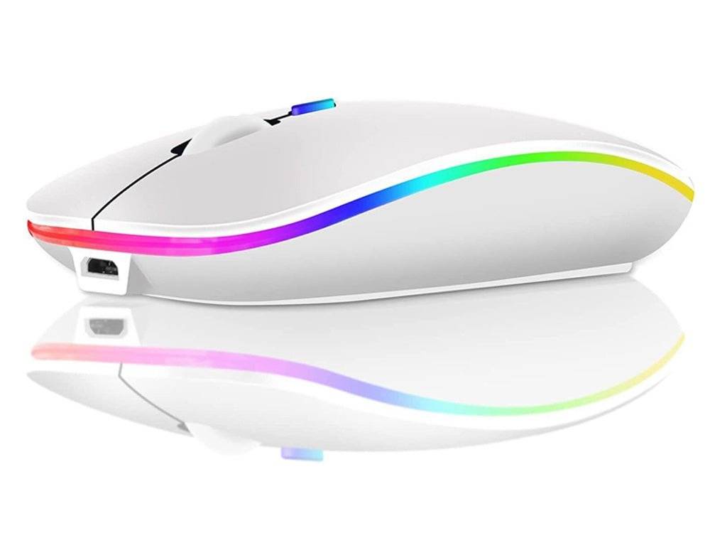 Mouse Wireless Fara Fir Ultra Slim, Bluetooth, USB, Reincarcabil si Fara Zgomot BT5.2 + 2.4Ghz, 1600DPI, LED RGB, Alb - Cumpara24