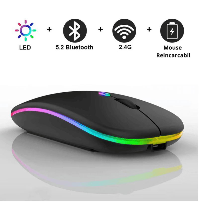 Mouse Wireless Fara Fir Ultra Slim, Bluetooth, USB, Reincarcabil si Fara Zgomot BT5.2 + 2.4Ghz, 1600DPI, LED RGB, Negru - Cumpara24