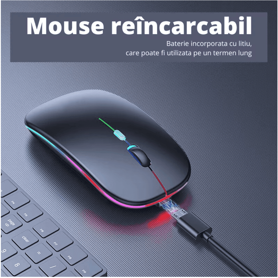 Mouse Wireless Fara Fir Ultra Slim, Bluetooth, USB, Reincarcabil si Fara Zgomot BT5.2 + 2.4Ghz, 1600DPI, LED RGB, Negru - Cumpara24