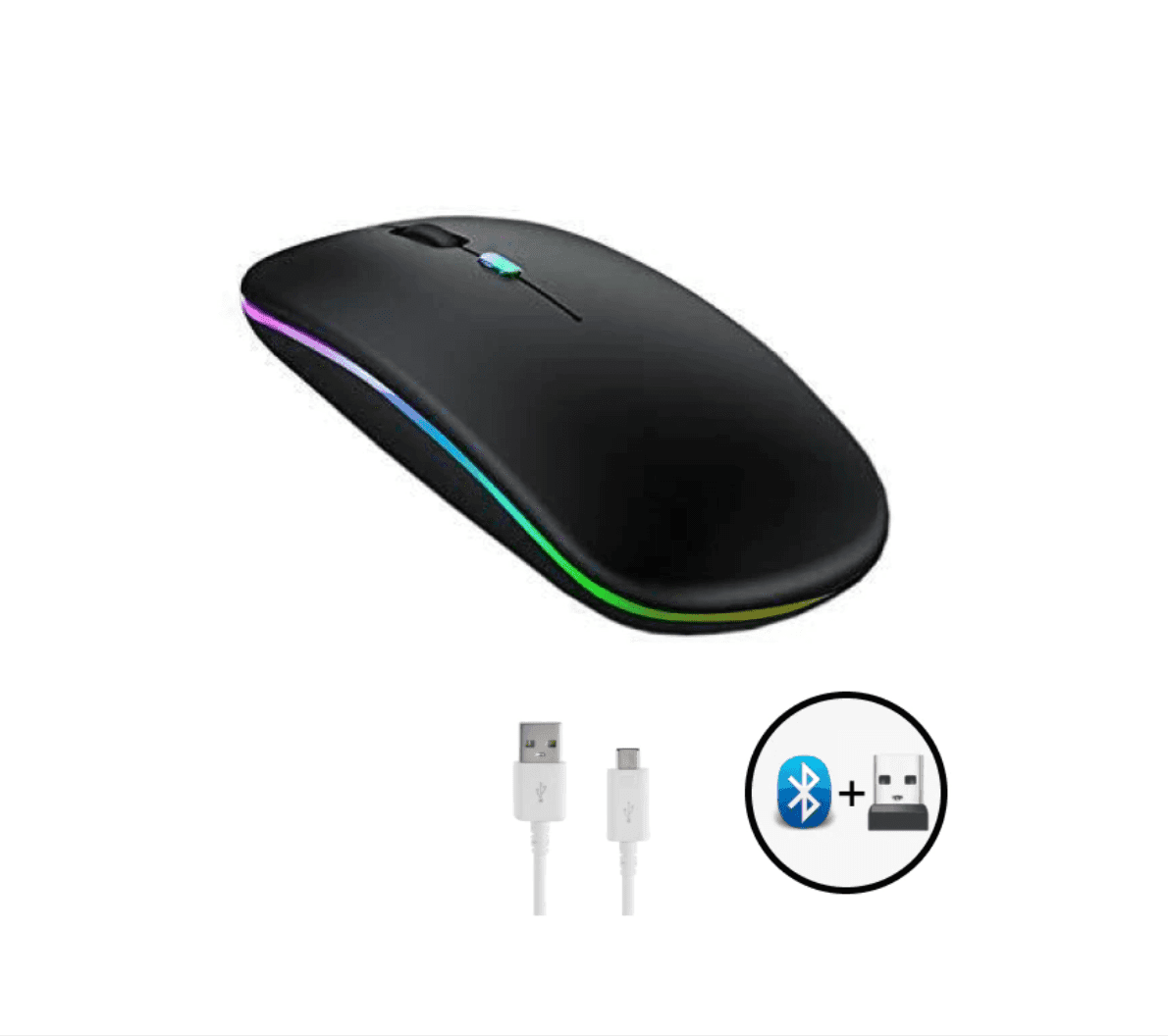 Mouse Wireless Fara Fir Ultra Slim, Bluetooth, USB, Reincarcabil si Fara Zgomot BT5.2 + 2.4Ghz, 1600DPI, LED RGB, Negru - Cumpara24