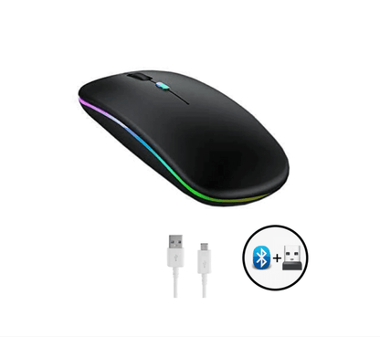 Mouse Wireless Fara Fir Ultra Slim, Bluetooth, USB, Reincarcabil si Fara Zgomot BT5.2 + 2.4Ghz, 1600DPI, LED RGB, Negru - Cumpara24