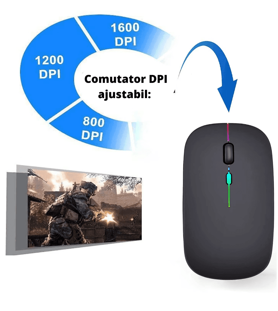 Mouse Wireless Fara Fir Ultra Slim, Bluetooth, USB, Reincarcabil si Fara Zgomot BT5.2 + 2.4Ghz, 1600DPI, LED RGB, Negru - Cumpara24