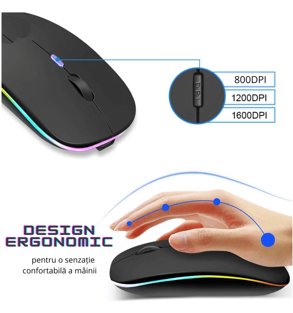 Mouse Wireless Fara Fir Ultra Slim, Bluetooth, USB, Reincarcabil si Fara Zgomot BT5.2 + 2.4Ghz, 1600DPI, LED RGB, Negru - Cumpara24