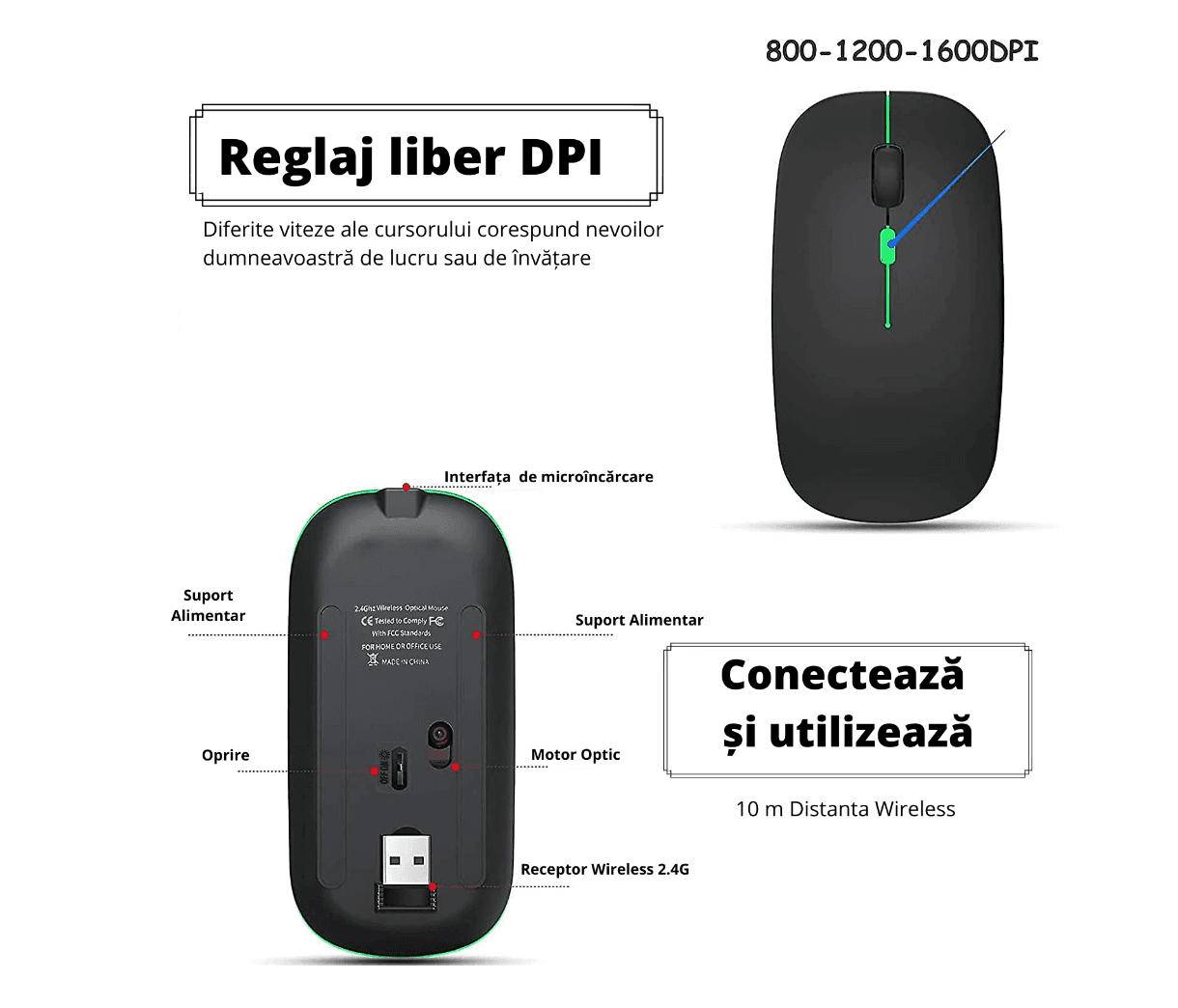 Mouse Wireless Fara Fir Ultra Slim, Bluetooth, USB, Reincarcabil si Fara Zgomot BT5.2 + 2.4Ghz, 1600DPI, LED RGB, Negru - Cumpara24