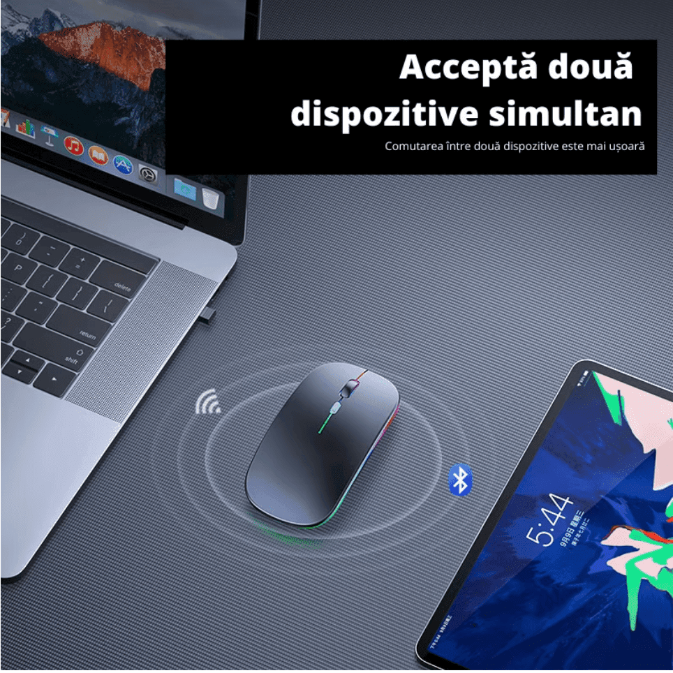Mouse Wireless Fara Fir Ultra Slim, Bluetooth, USB, Reincarcabil si Fara Zgomot BT5.2 + 2.4Ghz, 1600DPI, LED RGB, Negru - Cumpara24