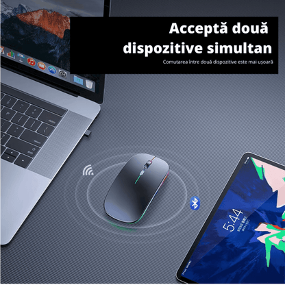 Mouse Wireless Fara Fir Ultra Slim, Bluetooth, USB, Reincarcabil si Fara Zgomot BT5.2 + 2.4Ghz, 1600DPI, LED RGB, Negru - Cumpara24