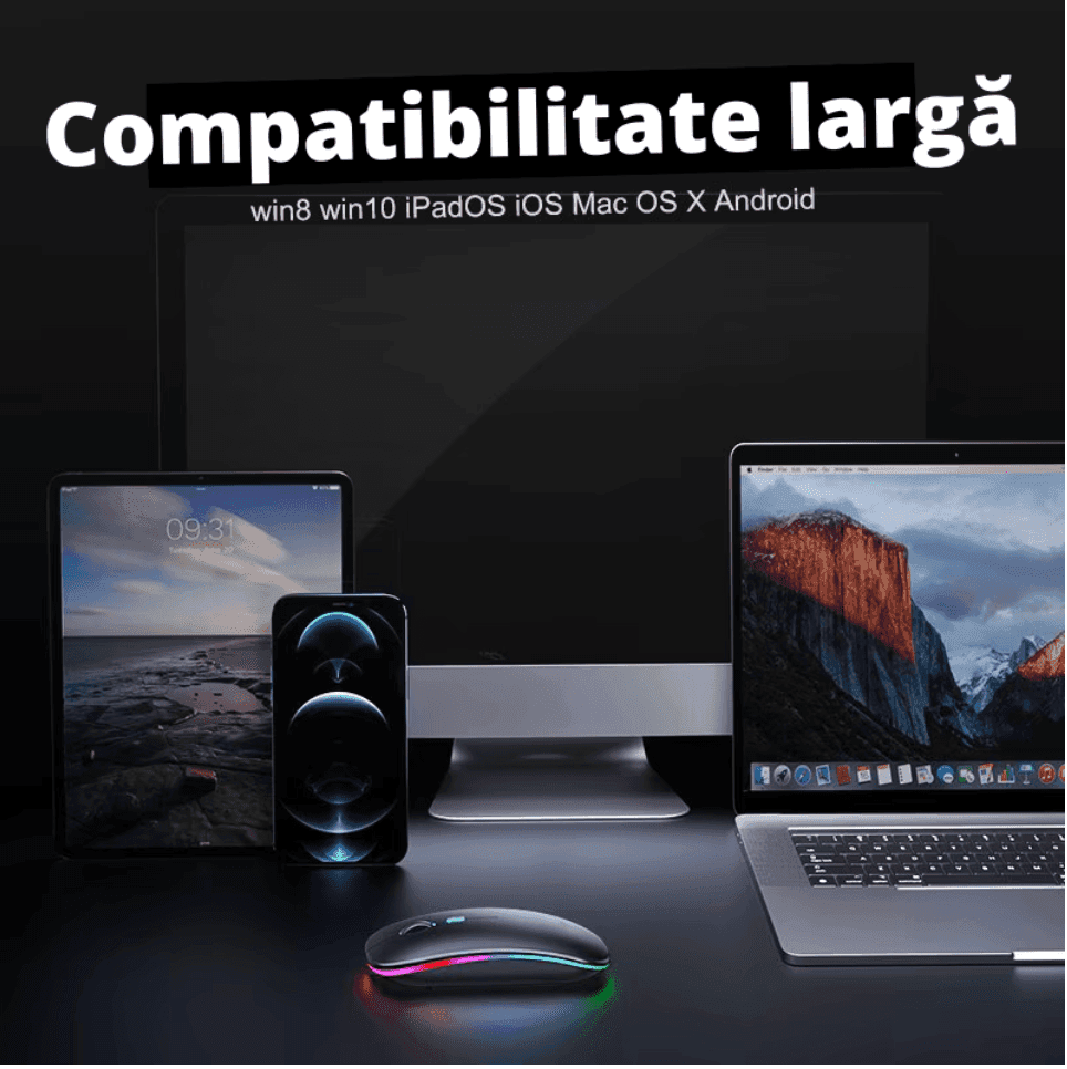 Mouse Wireless Fara Fir Ultra Slim, Bluetooth, USB, Reincarcabil si Fara Zgomot BT5.2 + 2.4Ghz, 1600DPI, LED RGB, Negru - Cumpara24
