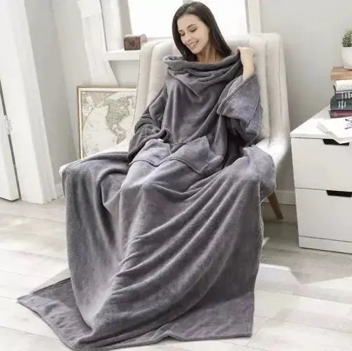 Patura cu Maneci si Buzunar Super Catifelata, Calduroasa, Lunga, Unisex, Gri - Cumpara24