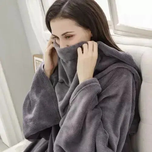 Patura cu Maneci si Buzunar Super Catifelata, Calduroasa, Lunga, Unisex, Gri - Cumpara24