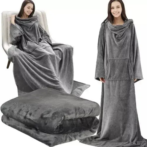 Patura cu Maneci si Buzunar Super Catifelata, Calduroasa, Lunga, Unisex, Gri - Cumpara24